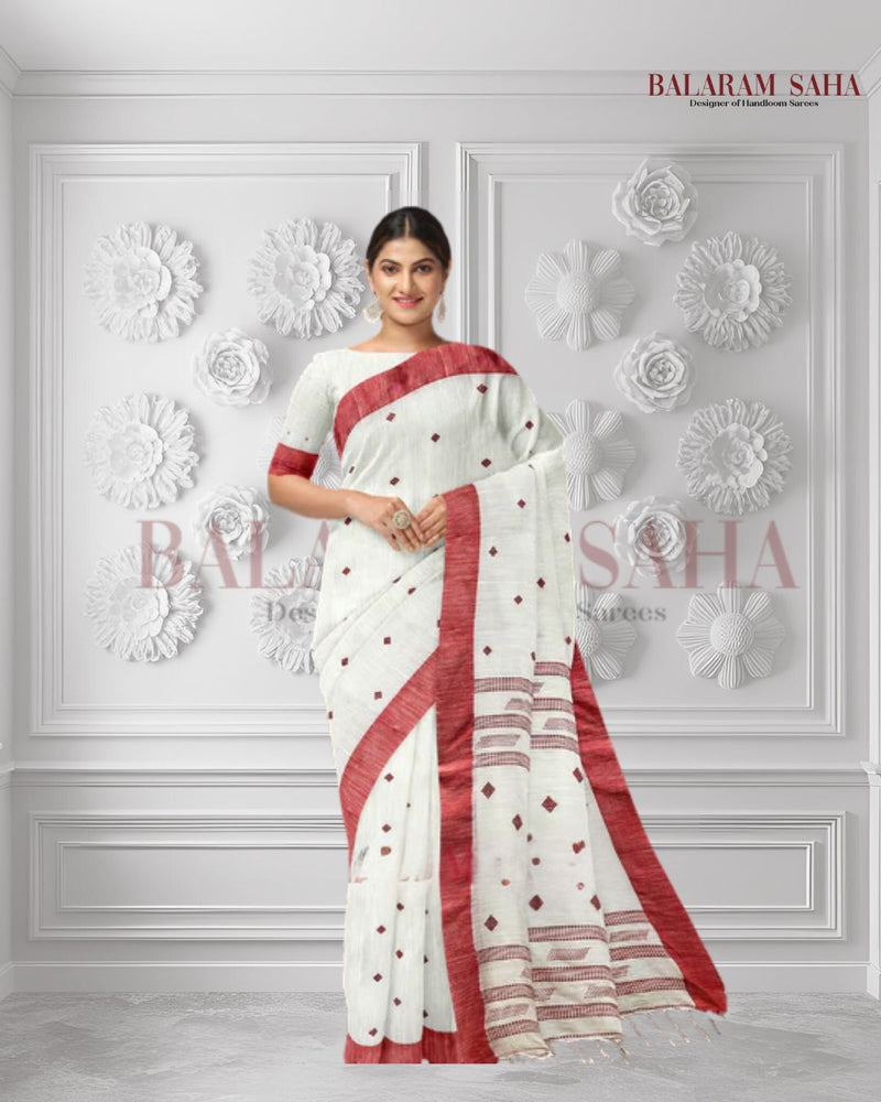 A Classic Revisited: Balaram Saha's White Handloom Cotton Saree with Red Contrast Border Balaram Saha
