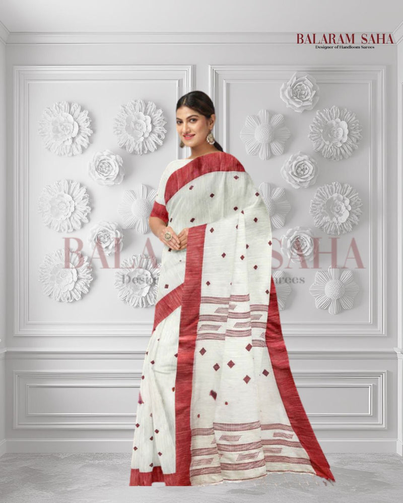 A Classic Revisited: Balaram Saha's White Handloom Cotton Saree with Red Contrast Border - (handloom saree, cotton saree, handloom cotton saree, balaram saha online, handloom sarees, balaram saha handloom saree store, cotton handloom saree, bengal handloom sarees, pure cotton, cotton saree for women, cotton saree online)      http://www.soundcloud.com/