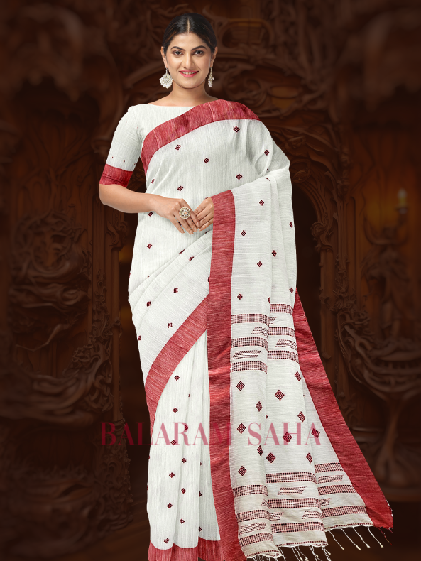 A Classic Revisited: Balaram Saha's White Handloom Cotton Saree with Red Contrast Border - (handloom saree, cotton saree, handloom cotton saree, balaram saha online, handloom sarees, balaram saha handloom saree store, cotton handloom saree, bengal handloom sarees, pure cotton, cotton saree for women, cotton saree online)   https://sciencedaily.com/