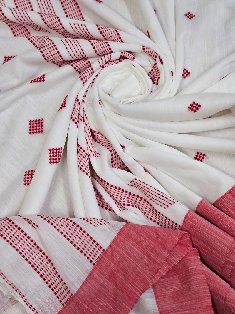 A Classic Revisited: Balaram Saha's White Handloom Cotton Saree with Red Contrast Border - (handloom saree, cotton saree, handloom cotton saree, balaram saha online, handloom sarees, balaram saha handloom saree store, cotton handloom saree, bengal handloom sarees, pure cotton, cotton saree for women, cotton saree online)