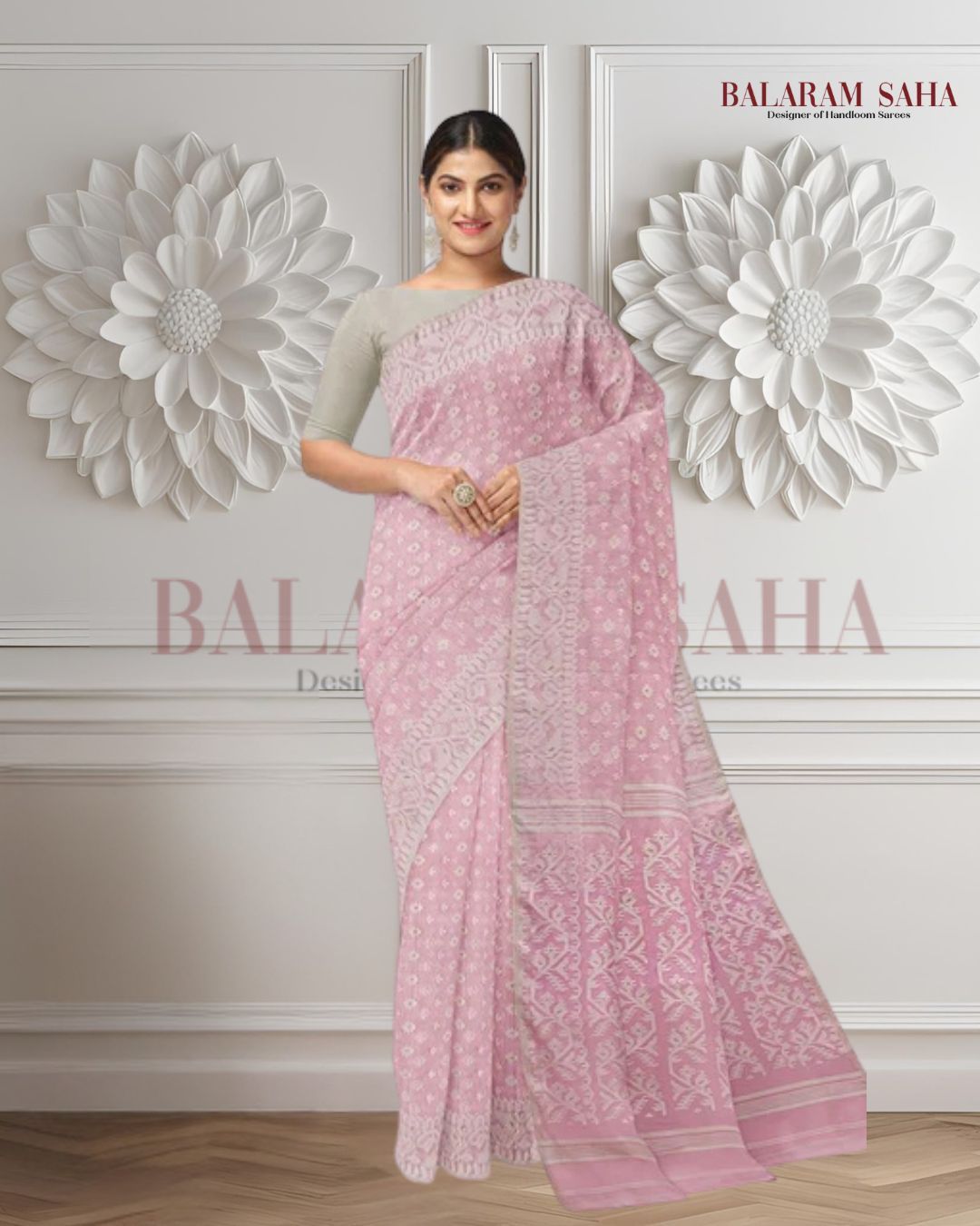 Baby Pink & White, soft handloom cotton/resham dhakai saree Balaram Saha