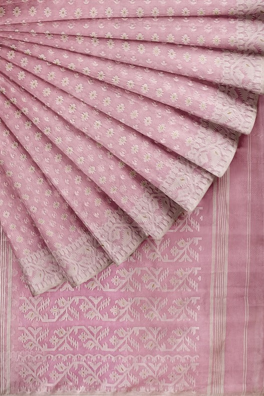 Baby Pink & White, soft handloom cotton/resham dhakai saree Balaram Saha