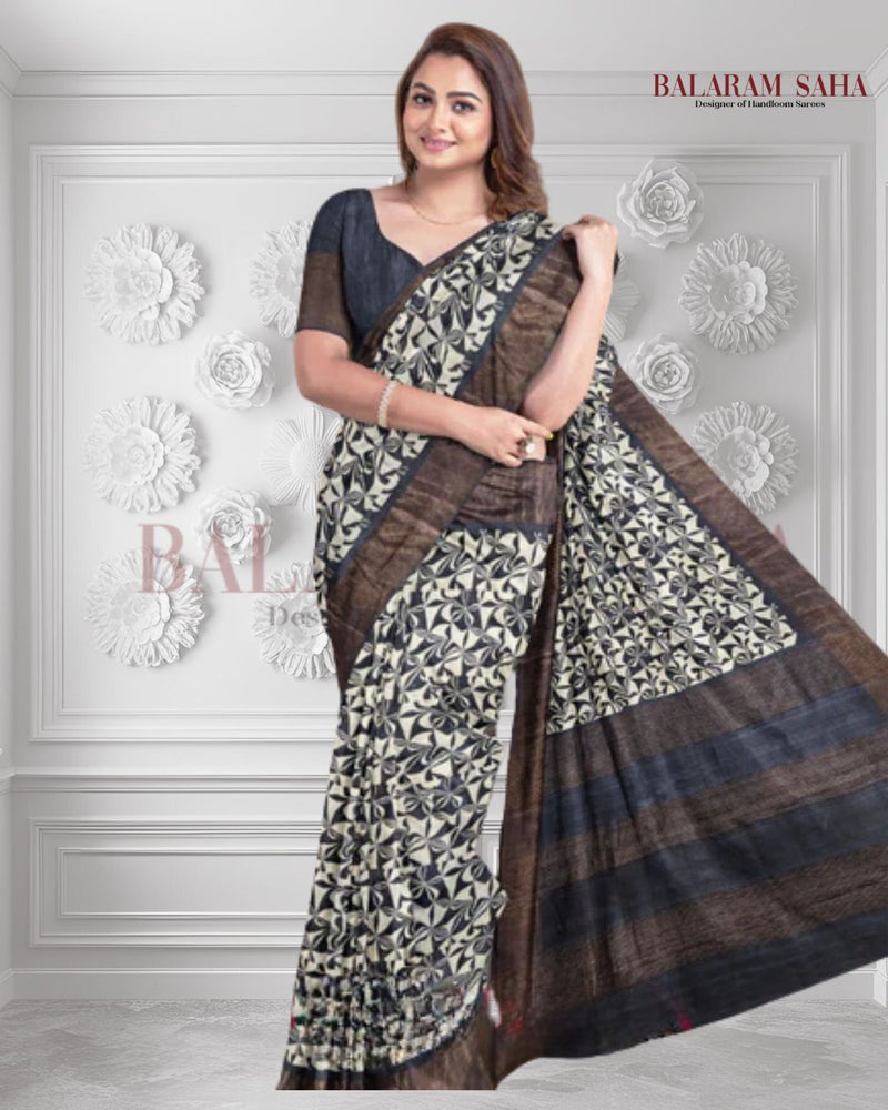 Balaram Saha Statement: Beige & Black Premium Tussar Silk Saree Balaram Saha