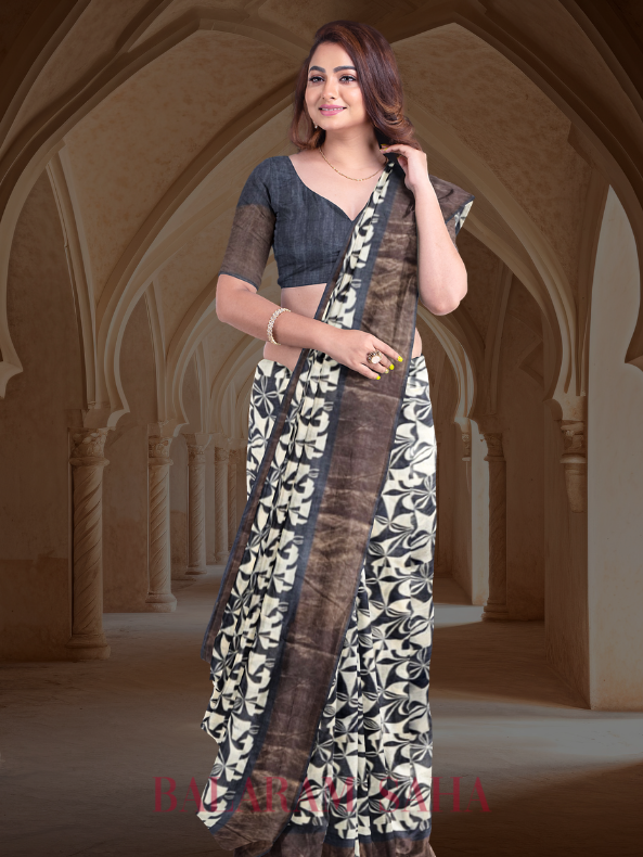 Balaram Saha Beige & Black Premium Tussar Silk Saree With Hand Block Print - (handloom saree, silk saree, handloom silk saree, balaram saha online, silk sarees, silk handloom saree, bengal handloom sarees, pure silk, silk saree online, tussar silk saree, tussar silk)     https://www.lemonde.fr/
