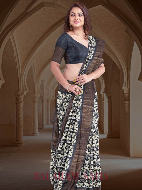 Balaram Saha Beige & Black Premium Tussar Silk Saree With Hand Block Print - (handloom saree, silk saree, handloom silk saree, balaram saha online, silk sarees, silk handloom saree, bengal handloom sarees, pure silk, silk saree online, tussar silk saree, tussar silk)    https://www.academia.edu/
