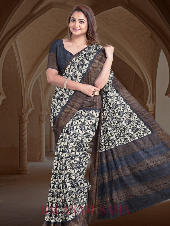 Balaram Saha Beige & Black Premium Tussar Silk Saree With Hand Block Print - (handloom saree, silk saree, handloom silk saree, balaram saha online, silk sarees, silk handloom saree, bengal handloom sarees, pure silk, silk saree online, tussar silk saree, tussar silk)     https://www.newyorker.com/
