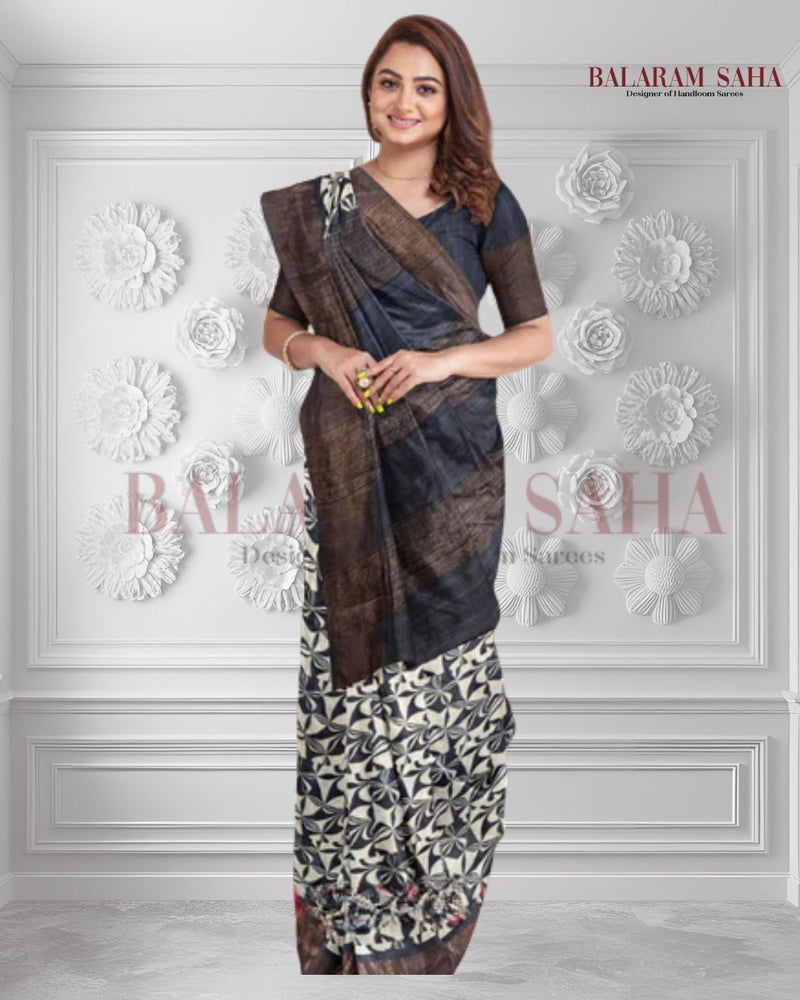 Balaram Saha Beige & Black Premium Tussar Silk Saree With Hand Block Print - (handloom saree, silk saree, handloom silk saree, balaram saha online, silk sarees, silk handloom saree, bengal handloom sarees, pure silk, silk saree online, tussar silk saree, tussar silk)   https://sedo.com/us/

