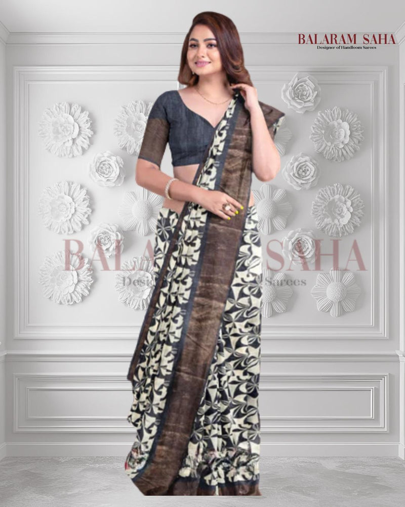 Balaram Saha Beige & Black Premium Tussar Silk Saree With Hand Block Print - (handloom saree, silk saree, handloom silk saree, balaram saha online, silk sarees, silk handloom saree, bengal handloom sarees, pure silk, silk saree online, tussar silk saree, tussar silk)     https://www.lemonde.fr/
