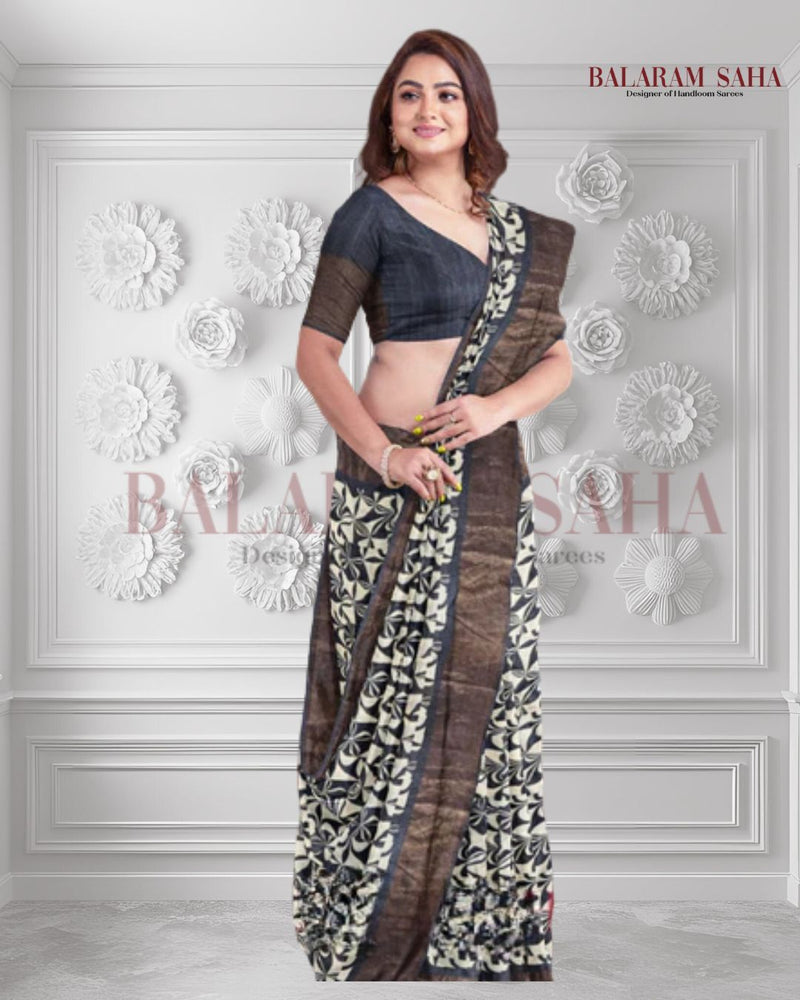 Balaram Saha Beige & Black Premium Tussar Silk Saree With Hand Block Print - (handloom saree, silk saree, handloom silk saree, balaram saha online, silk sarees, silk handloom saree, bengal handloom sarees, pure silk, silk saree online, tussar silk saree, tussar silk)    https://www.academia.edu/
