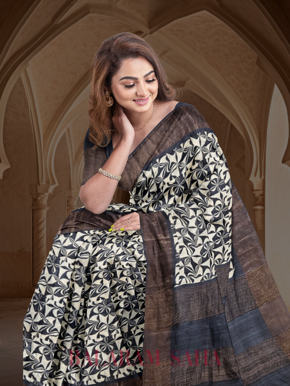 Balaram Saha Beige & Black Premium Tussar Silk Saree With Hand Block Print - (handloom saree, silk saree, handloom silk saree, balaram saha online, silk sarees, silk handloom saree, bengal handloom sarees, pure silk, silk saree online, tussar silk saree, tussar silk)     https://www.indiatimes.com/
