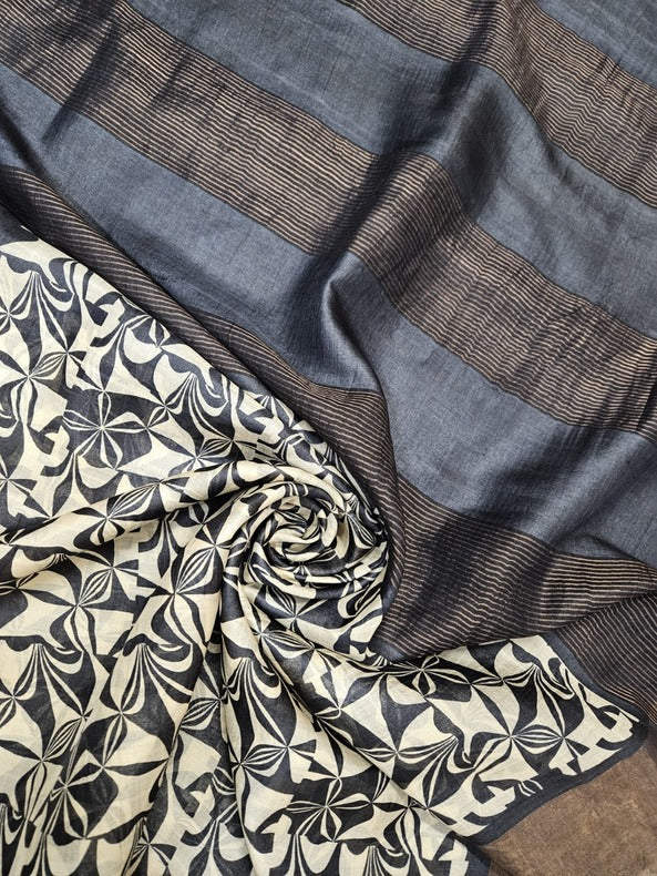 Balaram Saha Beige & Black Premium Tussar Silk Saree With Hand Block Print - (handloom saree, silk saree, handloom silk saree, balaram saha online, silk sarees, silk handloom saree, bengal handloom sarees, pure silk, silk saree online, tussar silk saree, tussar silk)
