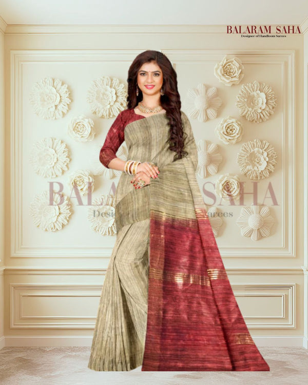 Balaram Saha: Beige Handloom Ghichha Tussar Silk Saree with Zari Border - (handloom saree, silk saree, handloom silk saree, balaram saha online, silk sarees, silk handloom saree, bengal handloom sarees, pure silk, silk saree online, tussar silk saree, tussar silk, bengali silk saree)
