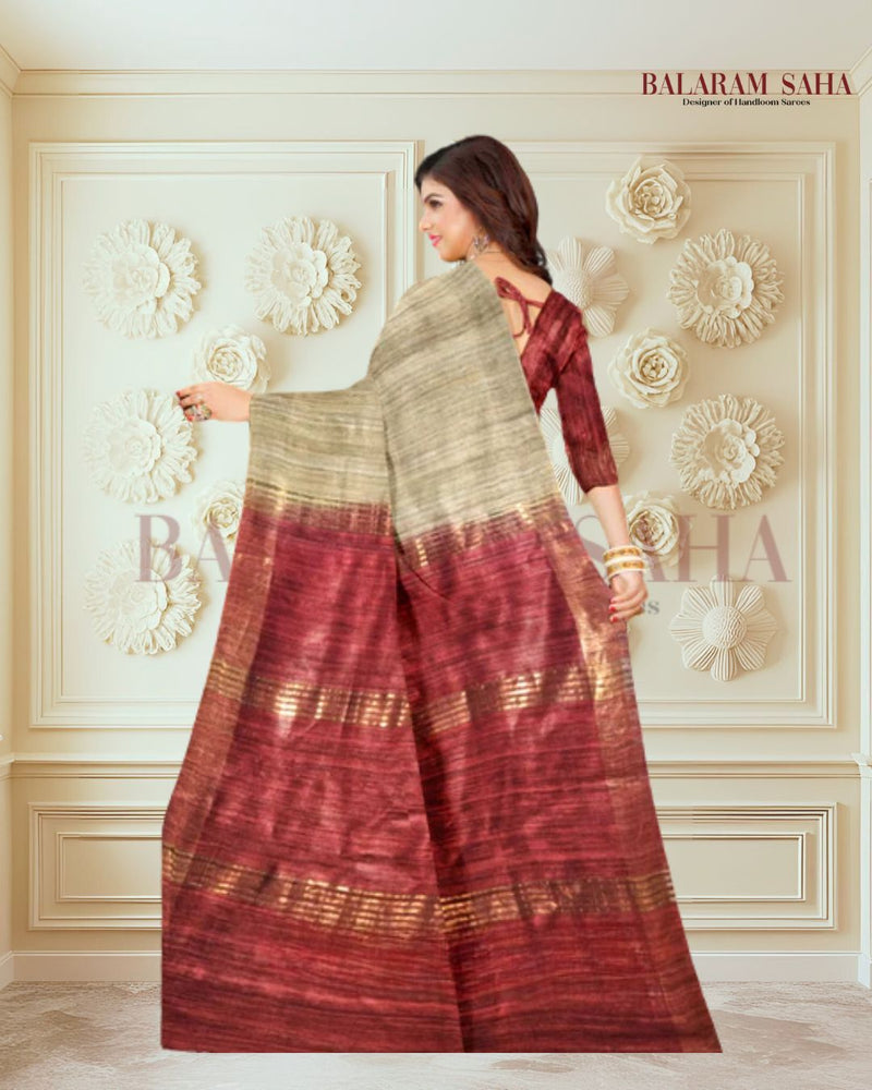 Balaram Saha: Beige Handloom Ghichha Tussar Silk Saree with Zari Border - (handloom saree, silk saree, handloom silk saree, balaram saha online, silk sarees, silk handloom saree, bengal handloom sarees, pure silk, silk saree online, tussar silk saree, tussar silk, bengali silk saree)
