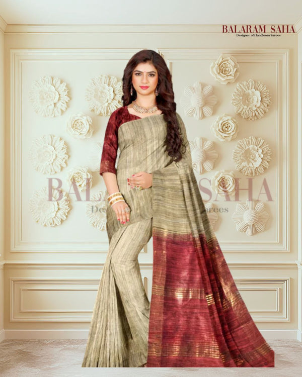 Balaram Saha: Beige Handloom Ghichha Tussar Silk Saree with Zari Border - (handloom saree, silk saree, handloom silk saree, balaram saha online, silk sarees, silk handloom saree, bengal handloom sarees, pure silk, silk saree online, tussar silk saree, tussar silk, bengali silk saree)
