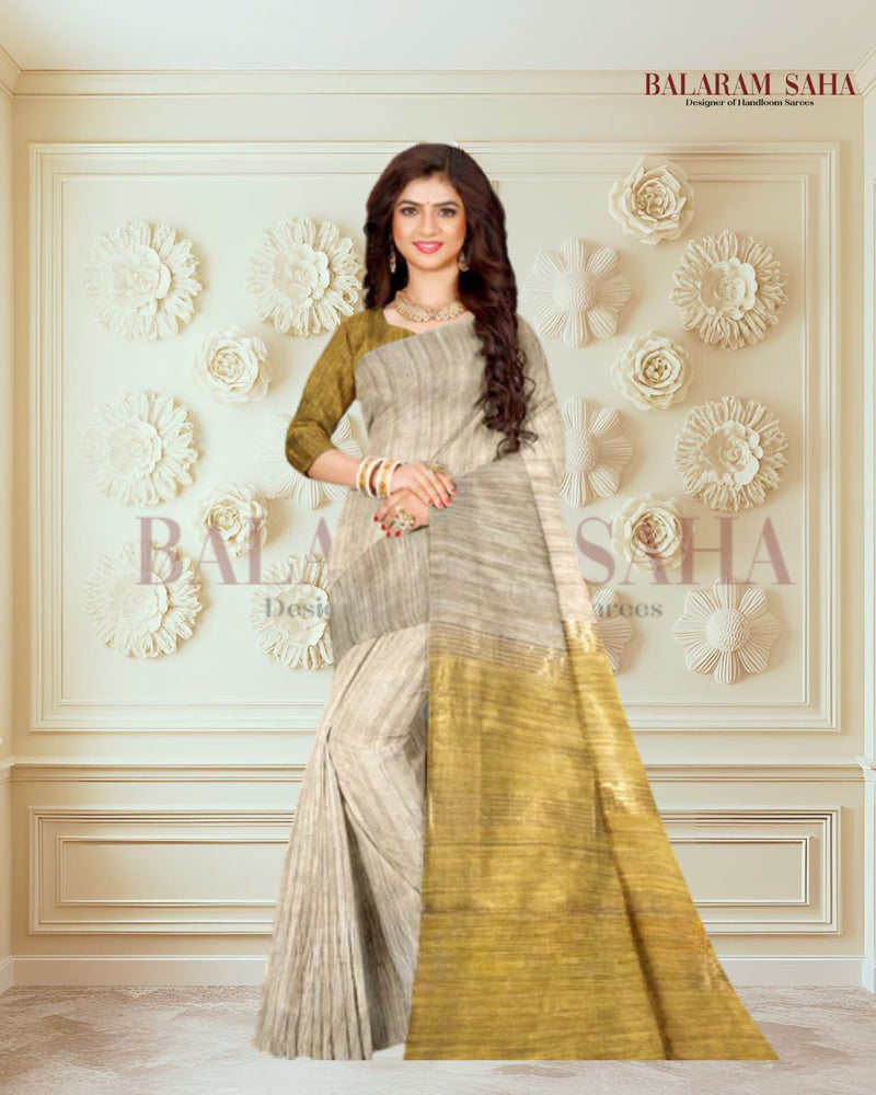 Balaram Saha: Beige Handloom Ghichha Tussar Silk Saree with Zari Border - (handloom saree, silk saree, handloom silk saree, balaram saha online, silk sarees, silk handloom saree, bengal handloom sarees, pure silk, silk saree online, tussar silk saree, tussar silk, bengali silk saree)

