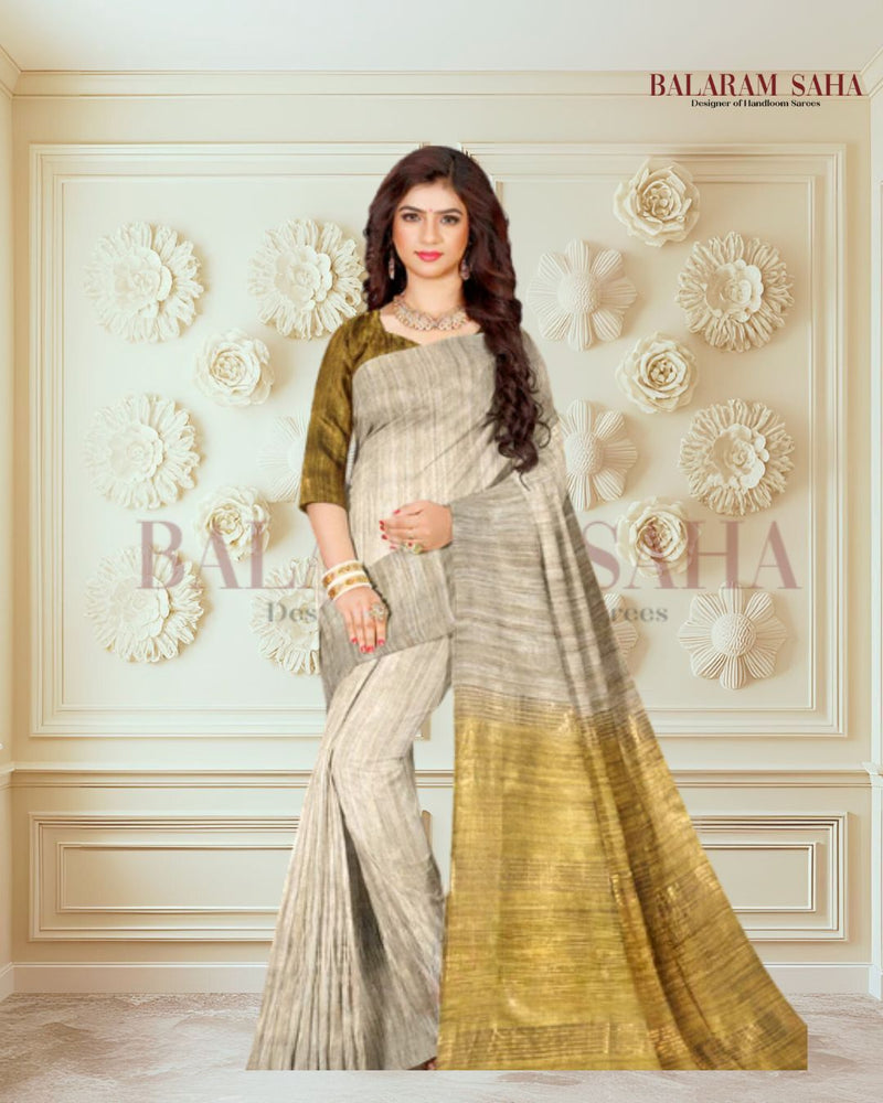 Balaram Saha: Beige Handloom Ghichha Tussar Silk Saree with Zari Border - (handloom saree, silk saree, handloom silk saree, balaram saha online, silk sarees, silk handloom saree, bengal handloom sarees, pure silk, silk saree online, tussar silk saree, tussar silk, bengali silk saree)

