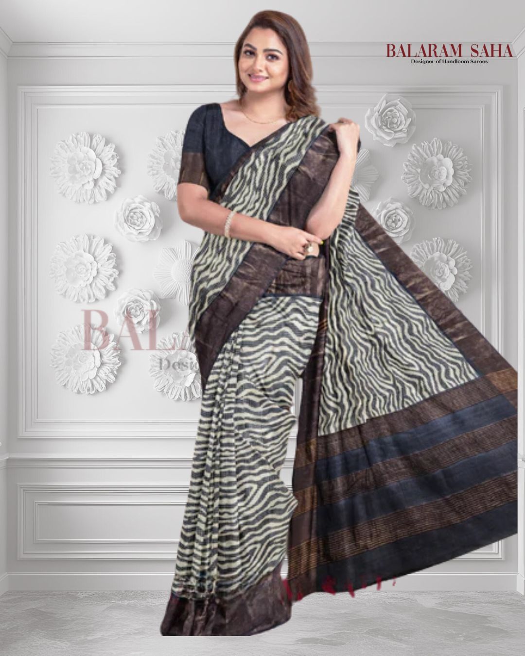Balaram Saha Heritage Off White & Black Premium Tussar Silk Saree Balaram Saha