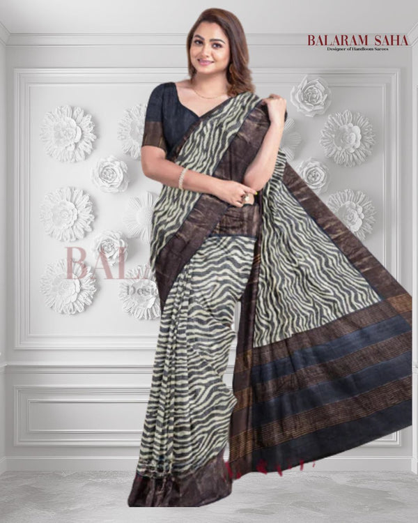 Balaram Saha Heritage Off White & Black Premium Tussar Silk Saree Balaram Saha