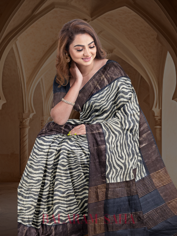 Balaram Saha Heritage Off White & Black Premium Tussar Silk Saree  - (handloom saree, silk saree, handloom silk saree, balaram saha online, silk sarees, silk handloom saree, bengal handloom sarees, pure silk, silk saree online, tussar silk saree, tussar silk)    https://www.namebright.com/