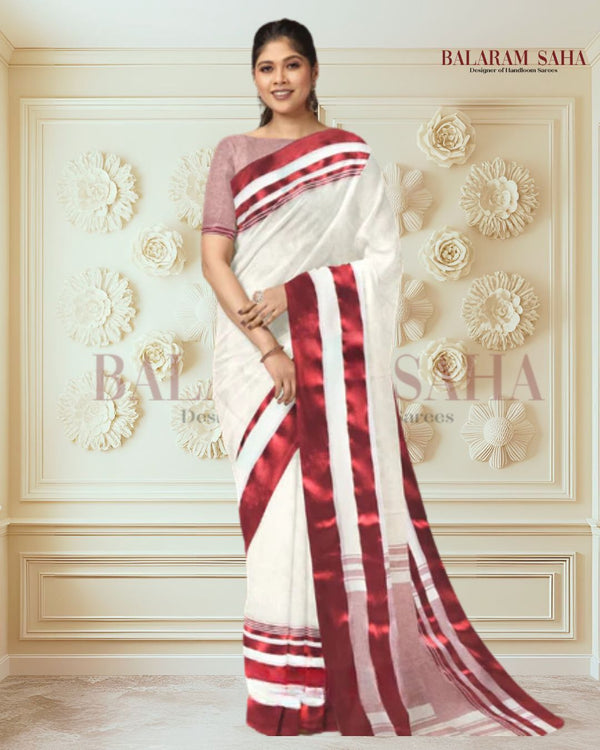 Balaram Saha Off-White & Red Soft Handloom Dhonekali Cotton Saree - (handloom saree, cotton saree, handloom cotton saree, balaram saha online, handloom sarees, cotton handloom saree, bengal handloom sarees, pure cotton, cotton saree for women, cotton saree online)   https://elpais.com/
