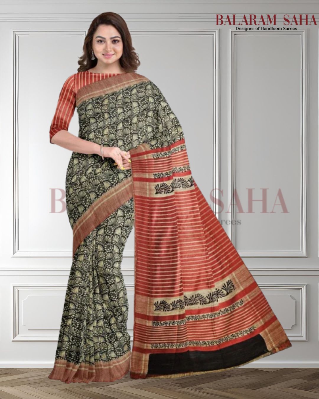 Balaram Saha Presents: Beige & Black Handloom Ghichha Tussar Printed Silk- (handloom saree, silk saree, handloom silk saree, balaram saha online, silk sarees, silk handloom saree, bengal handloom sarees, pure silk, silk saree online, tussar silk saree, tussar silk, bengali silk saree)
