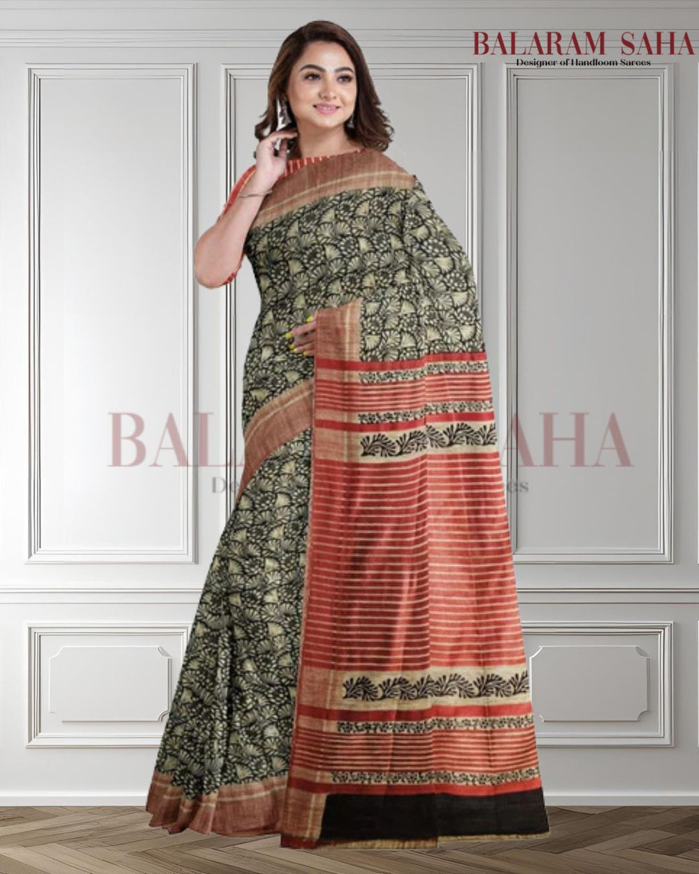 Balaram Saha Presents: Beige & Black Handloom Ghichha Tussar Printed Silk- (handloom saree, silk saree, handloom silk saree, balaram saha online, silk sarees, silk handloom saree, bengal handloom sarees, pure silk, silk saree online, tussar silk saree, tussar silk, bengali silk saree)
