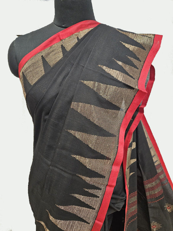 Balaram Saha Presents: Black & Red Handloom Cotton Saree with Classic Temple Border - (handloom saree, cotton saree, handloom cotton saree, balaram saha online, handloom sarees, balaram saha handloom saree store photos, balaram saha handloom saree store, cotton handloom saree, bengal handloom sarees, pure cotton, Zari border, handloom cotton saree with zari border, soft cotton saree with zari border, cotton saree for women, cotton saree online)
