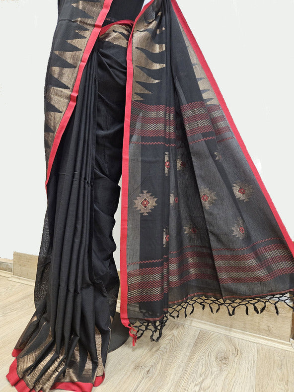 Balaram Saha Presents: Black & Red Handloom Cotton Saree with Classic Temple Border - (handloom saree, cotton saree, handloom cotton saree, balaram saha online, handloom sarees, balaram saha handloom saree store photos, balaram saha handloom saree store, cotton handloom saree, bengal handloom sarees, pure cotton, Zari border, handloom cotton saree with zari border, soft cotton saree with zari border, cotton saree for women, cotton saree online)

