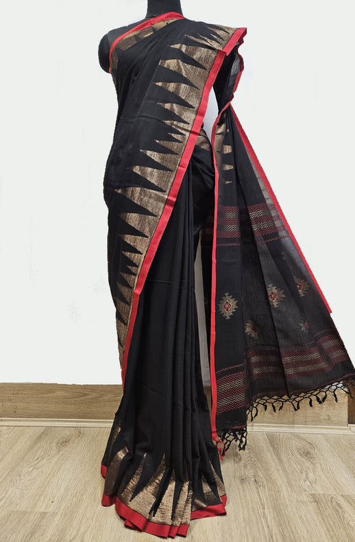 Balaram Saha Presents: Black & Red Handloom Cotton Saree with Classic Temple Border - (handloom saree, cotton saree, handloom cotton saree, balaram saha online, handloom sarees, balaram saha handloom saree store photos, balaram saha handloom saree store, cotton handloom saree, bengal handloom sarees, pure cotton, Zari border, handloom cotton saree with zari border, soft cotton saree with zari border, cotton saree for women, cotton saree online)
