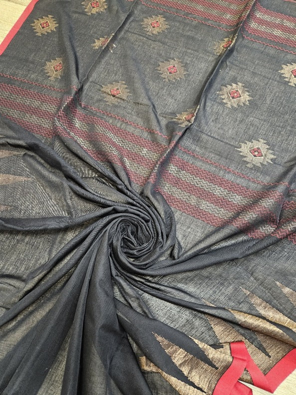 Balaram Saha Presents: Black & Red Handloom Cotton Saree with Classic Temple Border - (handloom saree, cotton saree, handloom cotton saree, balaram saha online, handloom sarees, balaram saha handloom saree store photos, balaram saha handloom saree store, cotton handloom saree, bengal handloom sarees, pure cotton, Zari border, handloom cotton saree with zari border, soft cotton saree with zari border, cotton saree for women, cotton saree online)
