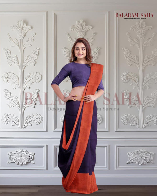 Balaram Saha Presents: Navy & Orange Mul Cotton Saree - (cotton saree, handloom cotton saree, balaram saha online, handloom sarees, balaram saha handloom saree store photos, balaram saha handloom saree store, cotton handloom saree, pure cotton, cotton saree for women, cotton saree online, balaram saha, balaram saha handloom saree store, balaram saha saree, balaram saha online, balaram saha saree online, balaram saha gariahat, Mul Cotton, Mul Cotton Saree)
