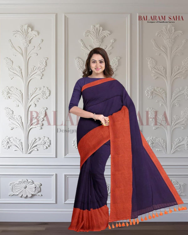 Balaram Saha Presents: Navy & Orange Mul Cotton Saree - (cotton saree, handloom cotton saree, balaram saha online, handloom sarees, balaram saha handloom saree store photos, balaram saha handloom saree store, cotton handloom saree, pure cotton, cotton saree for women, cotton saree online, balaram saha, balaram saha handloom saree store, balaram saha saree, balaram saha online, balaram saha saree online, balaram saha gariahat, Mul Cotton, Mul Cotton Saree)
