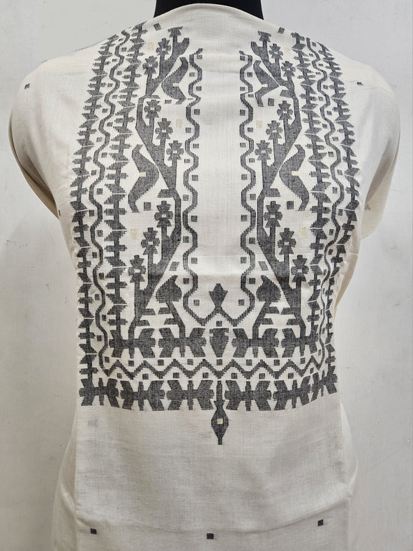 Balaram Saha Presents: White & Black Handloom Cotton Jamdani Unisex Kurta Piece
