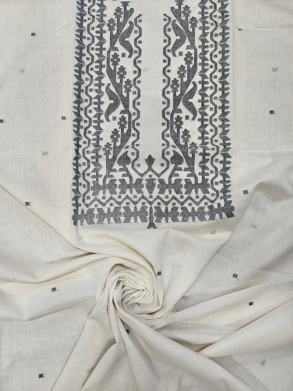 Balaram Saha Presents: White & Black Handloom Cotton Jamdani Unisex Kurta Piece
