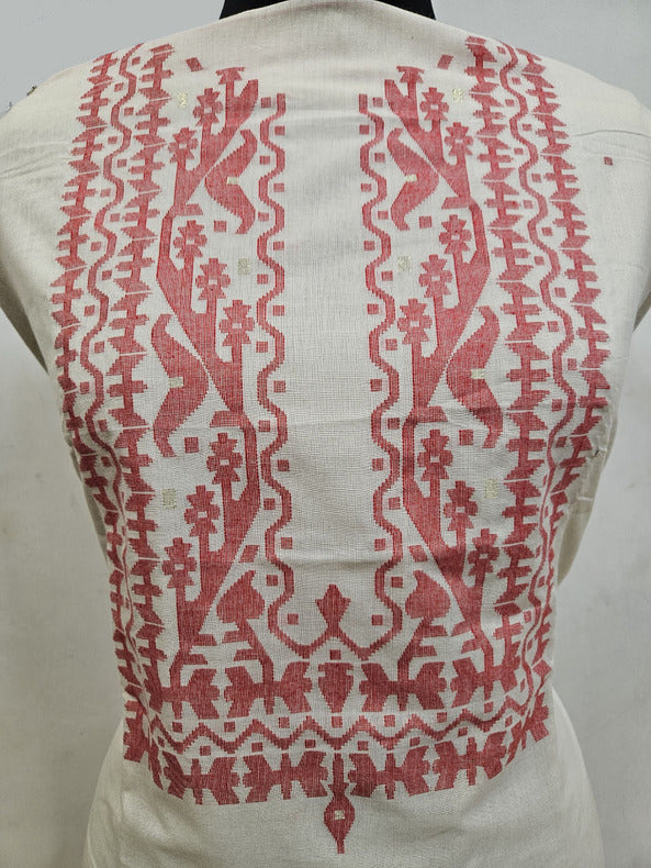Balaram Saha Presents: White & Red Handloom Cotton Jamdani Unisex Kurta Piece
