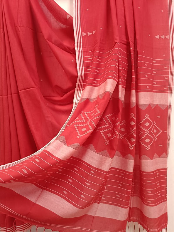 Balaram Saha Red & White Handloom Cotton Jamdani Saree - handloom saree, jamdani saree, jamdani sarees, cotton jamdani saree, jamdani cotton saree, handloom cotton saree, balaram saha online, jamdani saree online, soft jamdani saree, dhakai jamdani saree, dhakai jamdani saree, Jamdani Border Saree, handloom saree, https://www.namecheap.com/