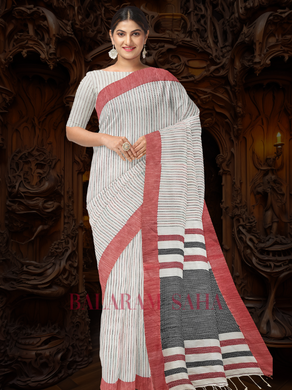 Balaram Saha: Timeless Elegance in White Handloom Cotton with Red & Black Kantha Stripes - (handloom saree, cotton saree, handloom cotton saree, balaram saha online, handloom sarees, balaram saha handloom saree store, cotton handloom saree, bengal handloom sarees, pure cotton, cotton saree for women, cotton saree online)   https://www2.hm.com/en_in/index.html