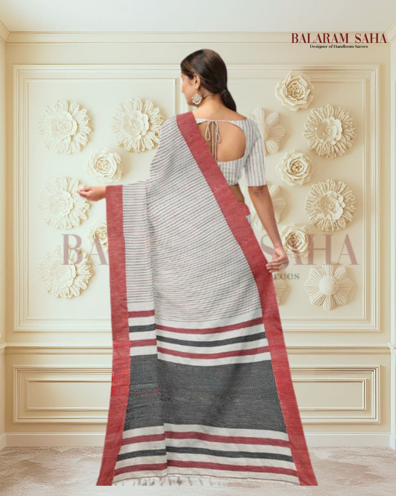 Balaram Saha: Timeless Elegance in White Handloom Cotton with Red & Black Kantha Stripes - (handloom saree, cotton saree, handloom cotton saree, balaram saha online, handloom sarees, balaram saha handloom saree store, cotton handloom saree, bengal handloom sarees, pure cotton, cotton saree for women, cotton saree online)    https://kotaku.com/