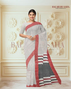Balaram Saha: Timeless Elegance in White Handloom Cotton with Red & Black Kantha Stripes - (handloom saree, cotton saree, handloom cotton saree, balaram saha online, handloom sarees, balaram saha handloom saree store, cotton handloom saree, bengal handloom sarees, pure cotton, cotton saree for women, cotton saree online)   https://www2.hm.com/en_in/index.html
