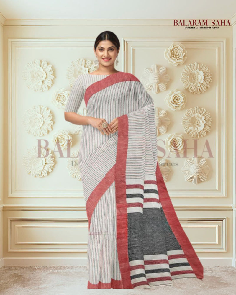 Balaram Saha: Timeless Elegance in White Handloom Cotton with Red & Black Kantha Stripes - (handloom saree, cotton saree, handloom cotton saree, balaram saha online, handloom sarees, balaram saha handloom saree store, cotton handloom saree, bengal handloom sarees, pure cotton, cotton saree for women, cotton saree online)   https://www2.hm.com/en_in/index.html