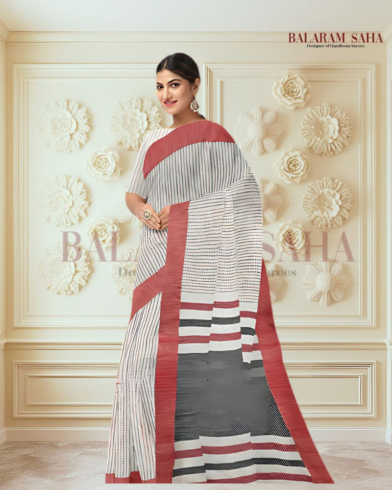 Balaram Saha: Timeless Elegance in White Handloom Cotton with Red & Black Kantha Stripes - (handloom saree, cotton saree, handloom cotton saree, balaram saha online, handloom sarees, balaram saha handloom saree store, cotton handloom saree, bengal handloom sarees, pure cotton, cotton saree for women, cotton saree online)   https://www.state.gov/