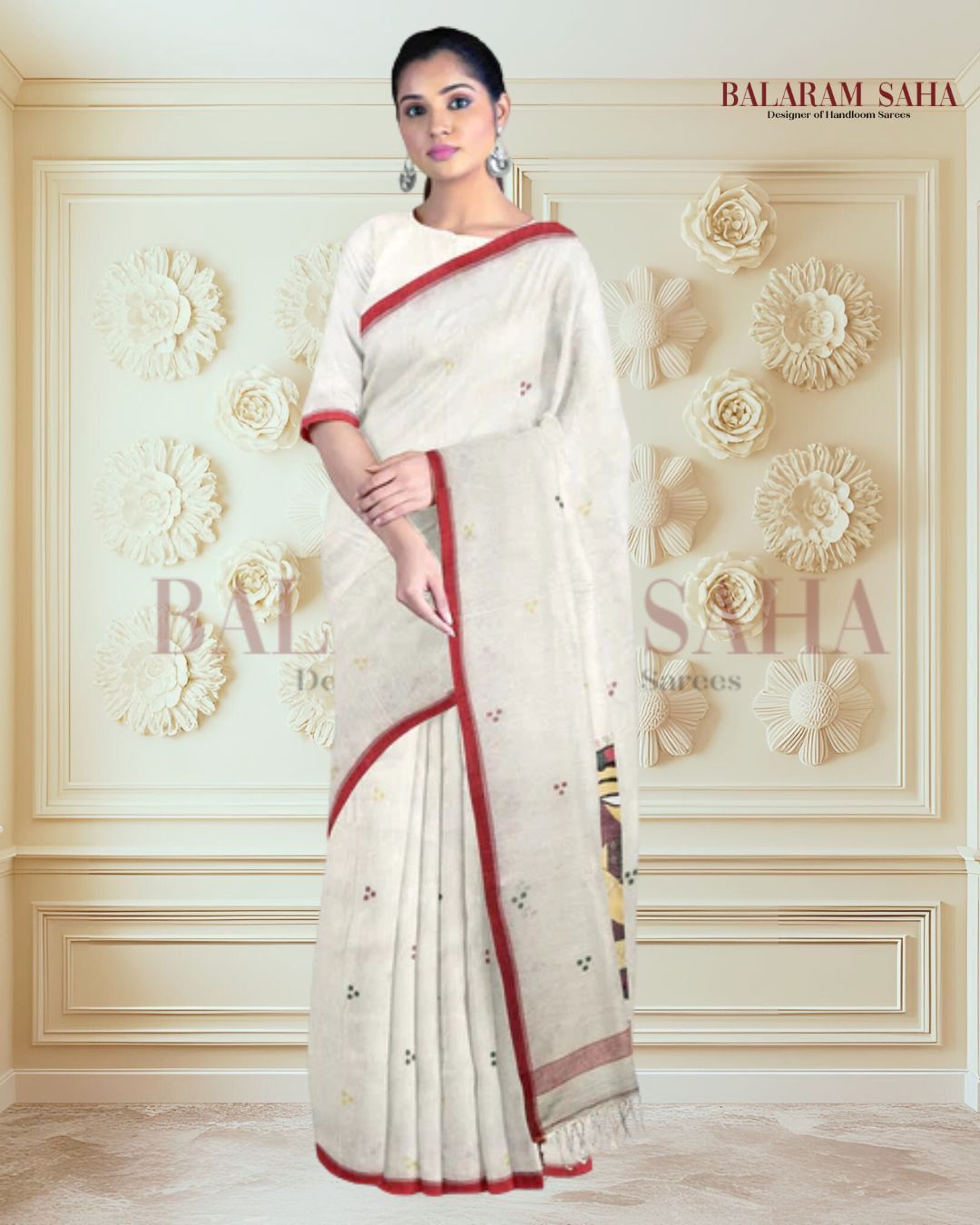 Balaram Saha's Cotton Jamdani Saree with Multicolor Motifs & Divine Aanchal - (handloom saree, jamdani saree, jamdani sarees, cotton jamdani saree, jamdani cotton saree handloom cotton saree, balaram saha online, jamdani saree online, soft jamdani saree)