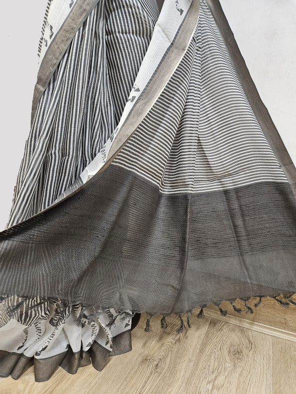 Balaram Saha’s Exclusive: Handloom White & Black Mulberry Printed Silk Saree - (handloom saree, silk saree, handloom silk saree, balaram saha online, silk sarees, silk handloom saree, bengal handloom sarees, pure silk, Mulberry silk saree, silk saree online, bengali silk saree, soft silk sarees, saree silk saree, tissue silk saree, pure silk saree, cotton silk saree, silk sarees for wedding, silk saree collection, Mulberry silk, handloom silk sarees)

