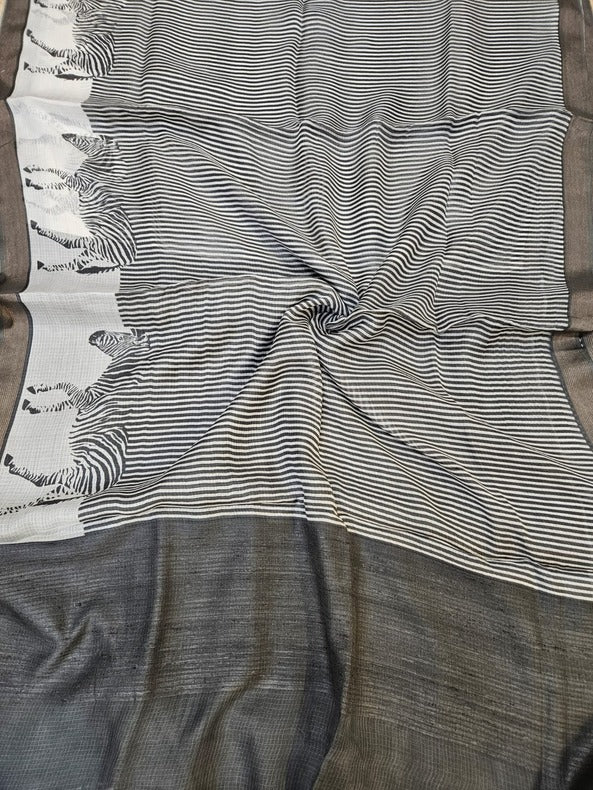 Balaram Saha’s Exclusive: Handloom White & Black Mulberry Printed Silk Saree - (handloom saree, silk saree, handloom silk saree, balaram saha online, silk sarees, silk handloom saree, bengal handloom sarees, pure silk, Mulberry silk saree, silk saree online, bengali silk saree, soft silk sarees, saree silk saree, tissue silk saree, pure silk saree, cotton silk saree, silk sarees for wedding, silk saree collection, Mulberry silk, handloom silk sarees)
