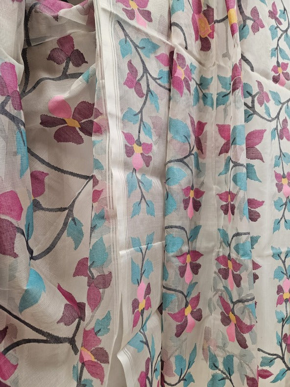 Balaram Saha's Handloom Masterpiece: Off-White Floral Muslin Silk Saree - (handloom saree, silk saree, handloom silk saree, balaram saha online, silk sarees, silk handloom saree, bengal handloom sarees, pure silk, muslin silk saree, silk saree online, muslin silk)     https://www.hugedomains.com/