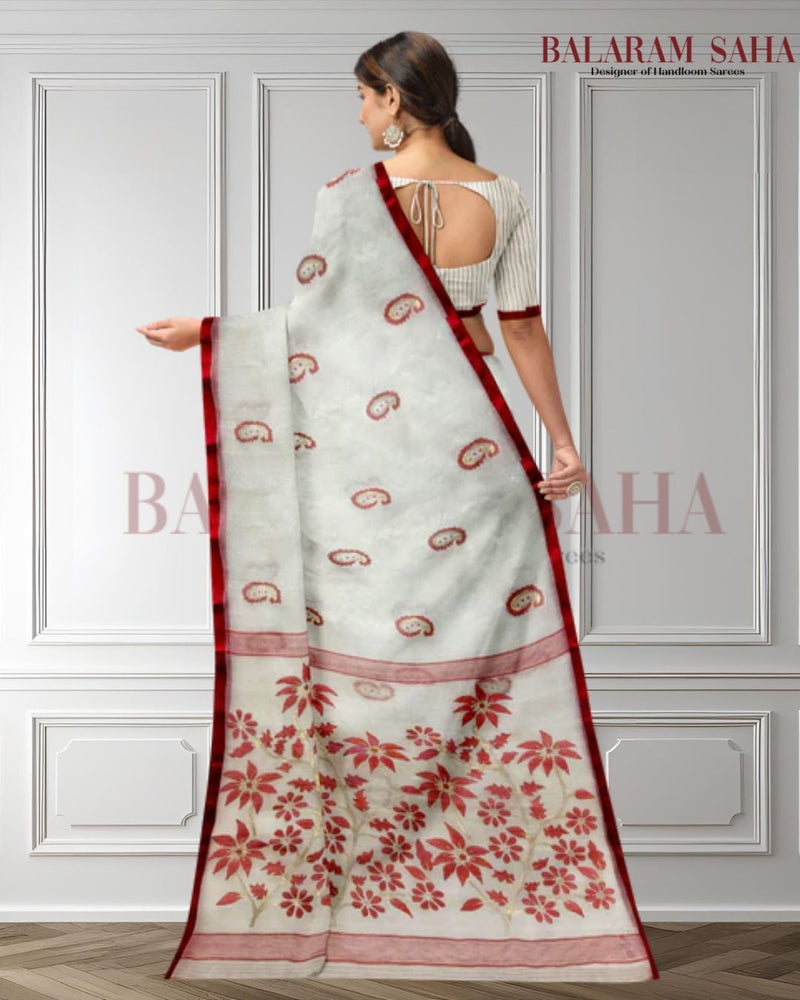 Balaram Saha's Handwoven Off-White & Red Muslin Silk Jamdani Saree (handloom saree, silk saree, handloom silk saree, balaram saha online, silk sarees, balaram saha handloom saree store photos, balaram saha handloom saree store, silk handloom saree, bengal handloom sarees, pure silk, muslin silk saree, muslin silk, silk saree online, jamdani saree, jamdani sarees, cotton jamdani saree, jamdani cotton saree, handloom cotton saree, balaram saha online, jamdani saree online,   https://www.strikingly.com/