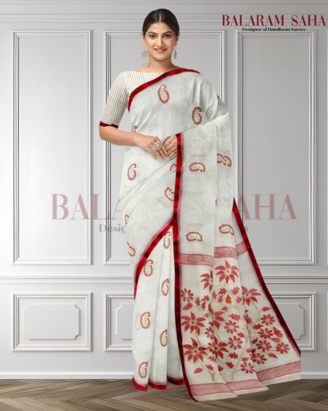 Balaram Saha's Handwoven Off-White & Red Muslin Silk Jamdani Saree (handloom saree, silk saree, handloom silk saree, balaram saha online, silk sarees, balaram saha handloom saree store photos, balaram saha handloom saree store, silk handloom saree, bengal handloom sarees, pure silk, muslin silk saree, muslin silk, silk saree online, jamdani saree, jamdani sarees, cotton jamdani saree, jamdani cotton saree, handloom cotton saree, balaram saha online, jamdani saree online,   https://linktr.ee/