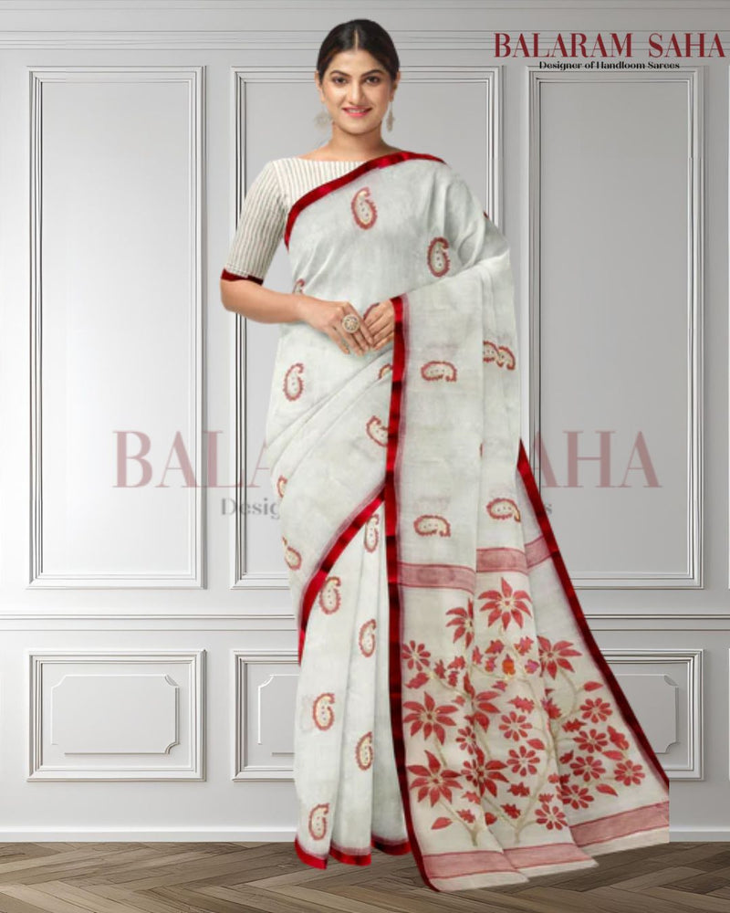 Balaram Saha's Handwoven Off-White & Red Muslin Silk Jamdani Saree (handloom saree, silk saree, handloom silk saree, balaram saha online, silk sarees, balaram saha handloom saree store photos, balaram saha handloom saree store, silk handloom saree, bengal handloom sarees, pure silk, muslin silk saree, muslin silk, silk saree online, jamdani saree, jamdani sarees, cotton jamdani saree, jamdani cotton saree, handloom cotton saree, balaram saha online, jamdani saree online,   https://linktr.ee/