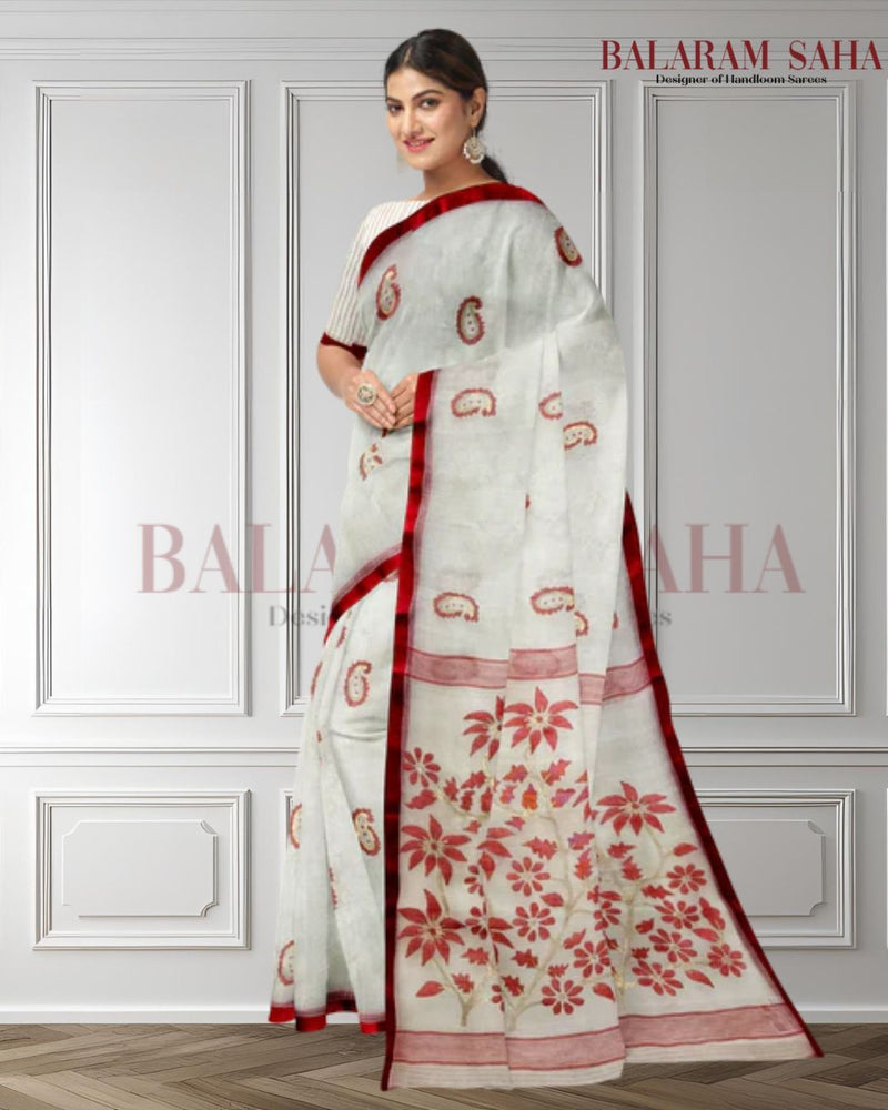 Balaram Saha's Handwoven Off-White & Red Muslin Silk Jamdani Saree (handloom saree, silk saree, handloom silk saree, balaram saha online, silk sarees, balaram saha handloom saree store photos, balaram saha handloom saree store, silk handloom saree, bengal handloom sarees, pure silk, muslin silk saree, muslin silk, silk saree online, jamdani saree, jamdani sarees, cotton jamdani saree, jamdani cotton saree, handloom cotton saree, balaram saha online, jamdani saree online,   https://www.youronlinechoices.com/
