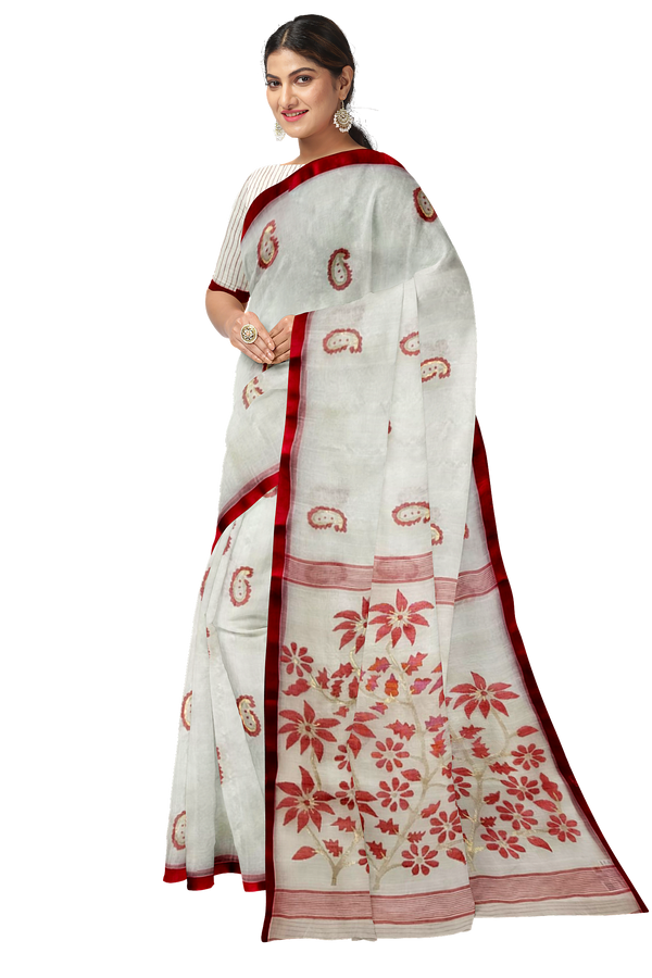 Balaram Saha's Handwoven Off-White & Red Muslin Silk Jamdani Saree (handloom saree, silk saree, handloom silk saree, balaram saha online, silk sarees, balaram saha handloom saree store photos, balaram saha handloom saree store, silk handloom saree, bengal handloom sarees, pure silk, muslin silk saree, muslin silk, silk saree online, jamdani saree, jamdani sarees, cotton jamdani saree, jamdani cotton saree, handloom cotton saree, balaram saha online, jamdani saree online,   https://www.youronlinechoices.com/